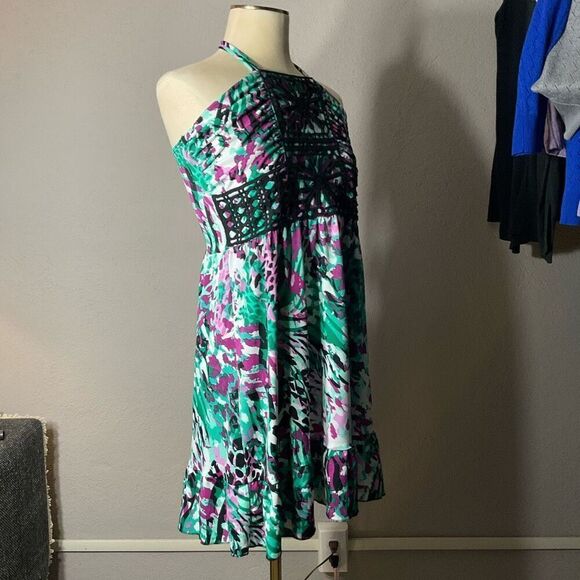 Susie Rose Womens Multicolor Floral Crochet Halter Neck Ruffle Dress Large - Picture 7 of 9